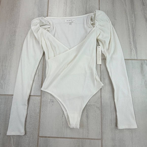 Lani The Label Tops - Lani The Label White Ribbed Wrap Bodysuit Puff Sleeve XS NWT